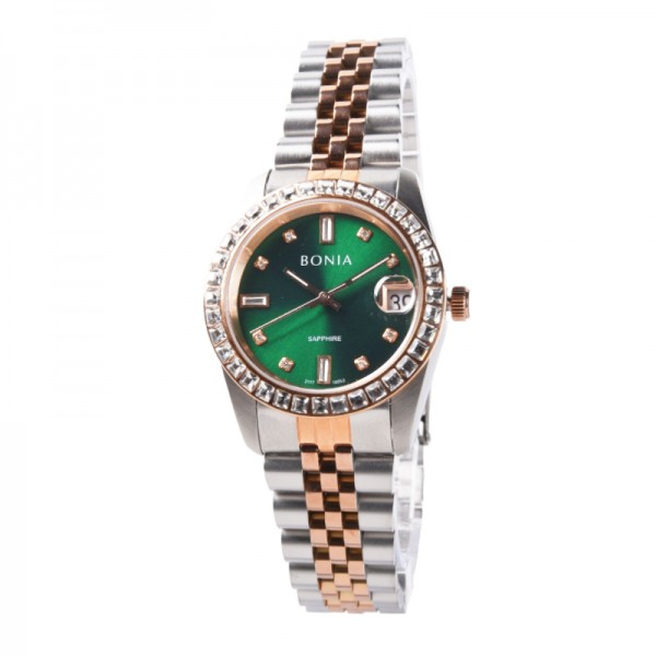 Bonia BNB10553-3697S Silver Rosegold Green Dial Ring Diamond Lady